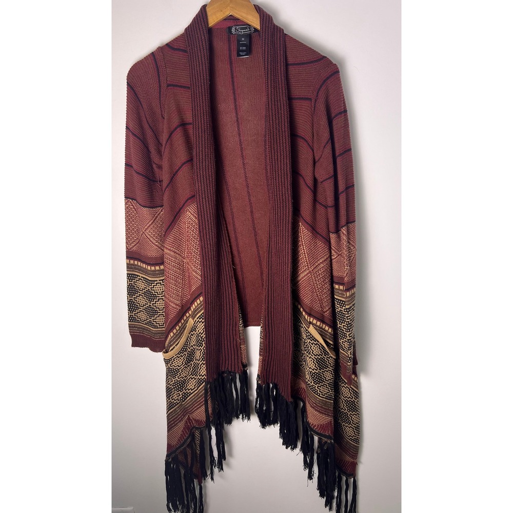 Long Cardigan M Burgundy Southwestern Fringe Open Sweater Lagenlook Boho Flowy